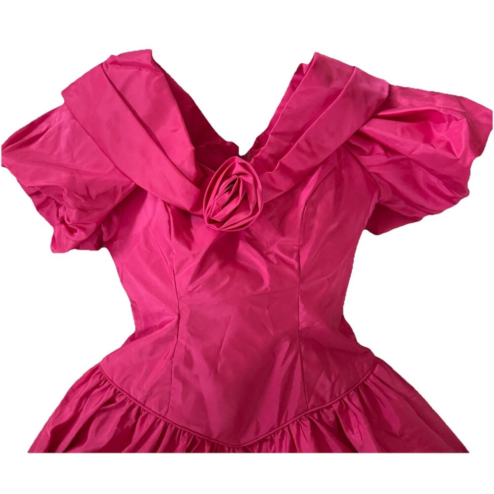 Vintage Early 90s Vivid Hot Pink Taffeta Off-the-Shoulder Prom Gown